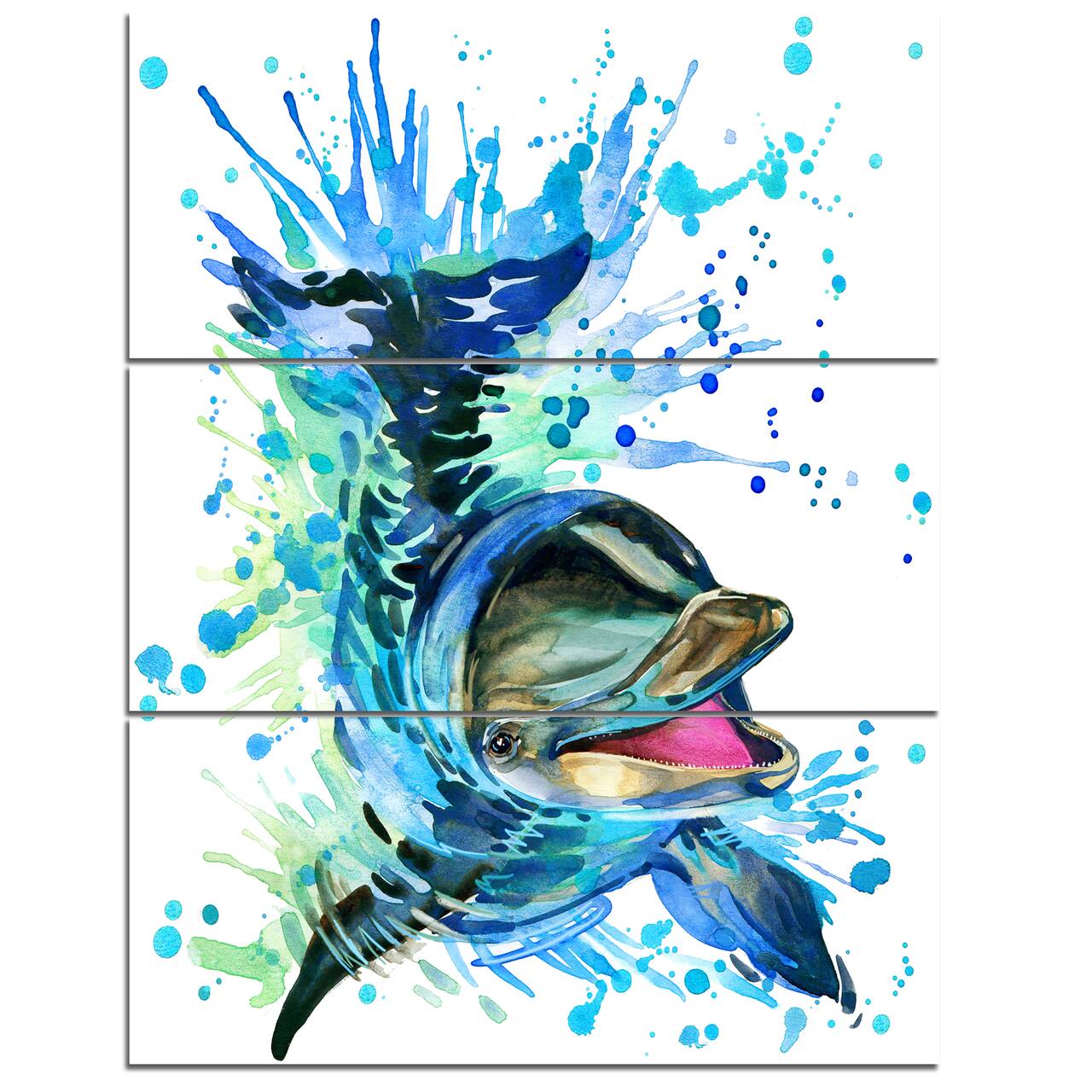 Designart - Large Blue Dolphin Watercolor - Contemporary Animal Art Canvas